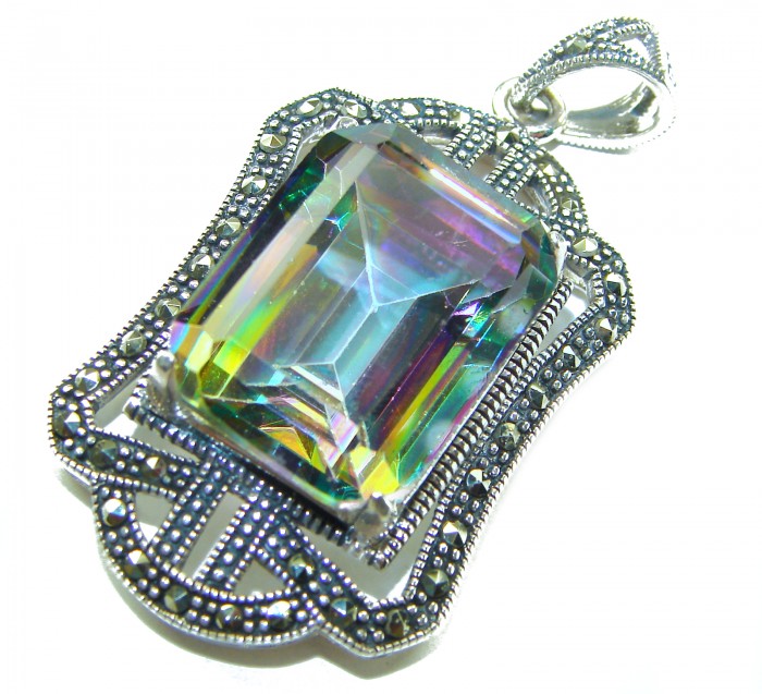 Spectacular 14.2 cut Mystic Topaz Marcasite .925 Sterling Silver handcrafted Pendant - Close-up of Mystic Topaz pendant with marcasite, sterling silver setting.