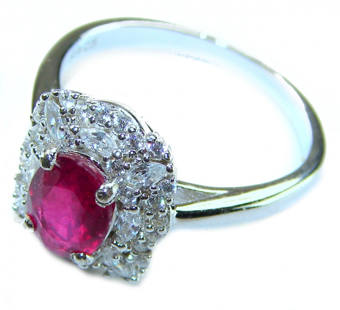 Authentic Ruby .925 Sterling Silver brilliantly handcrafted ring s. 6 3/4 - Close-up of ruby ring with diamond accents on silver band