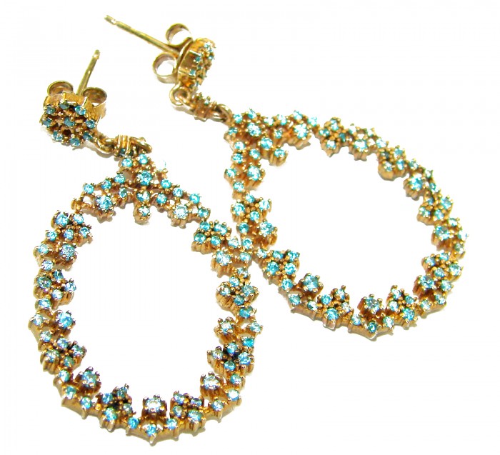 Pure Serenity 8.5 carat genuine Swiss Blue Topaz 18K Gold over .925 Sterling Silver handmade Statement earrings - Close-up of Swiss Blue Topaz earrings in 18K gold.