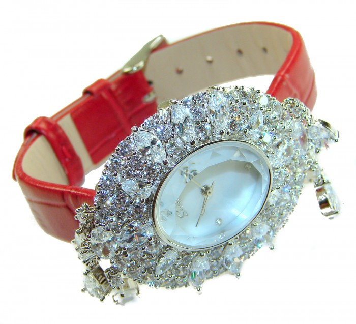 Precious 18.5 carat Authentic Red Genuine Leather strap .925 Sterling Silver handmade Watch - Luxurious jeweled watch with red leather strap, angled front view.