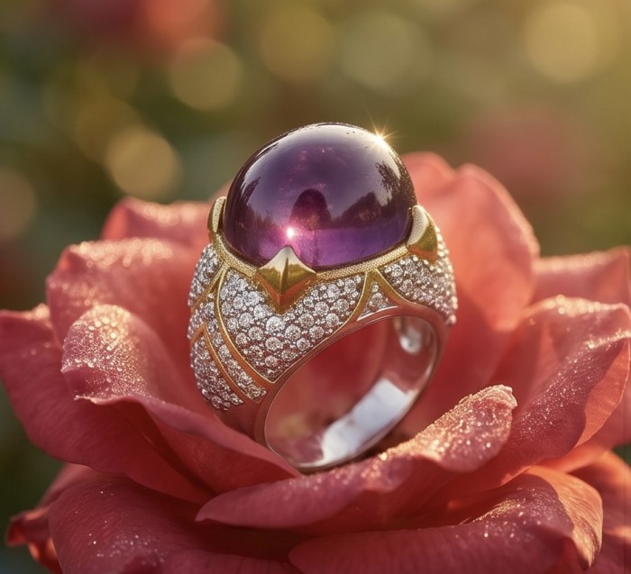 Bella Rosa Genuine 15.8 CARAT Star Ruby 22K Gold over .925 Sterling Silver Large Statement Ring size 6 3/4 - Close-up of Bella Rosa 15.8CT star ruby ring on a dewy rose.