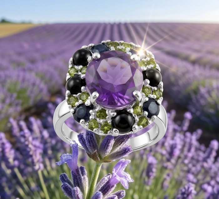 Francesca Genuine 7.7 carat Brazilian Amethyst rhodium over .925 Sterling Silver handcrafted Statement Ring size 8 1/4 - Close-up of Francesca Brazilian Amethyst ring on a lavender flower.