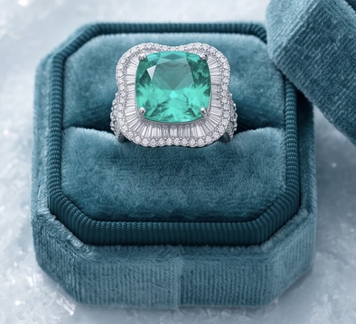 Precious 12.2 CARAT Colombian Emerald .925 Sterling Silver Statement Ring s. 6 1/4 - Close-up of a Colombian emerald ring in teal velvet box.