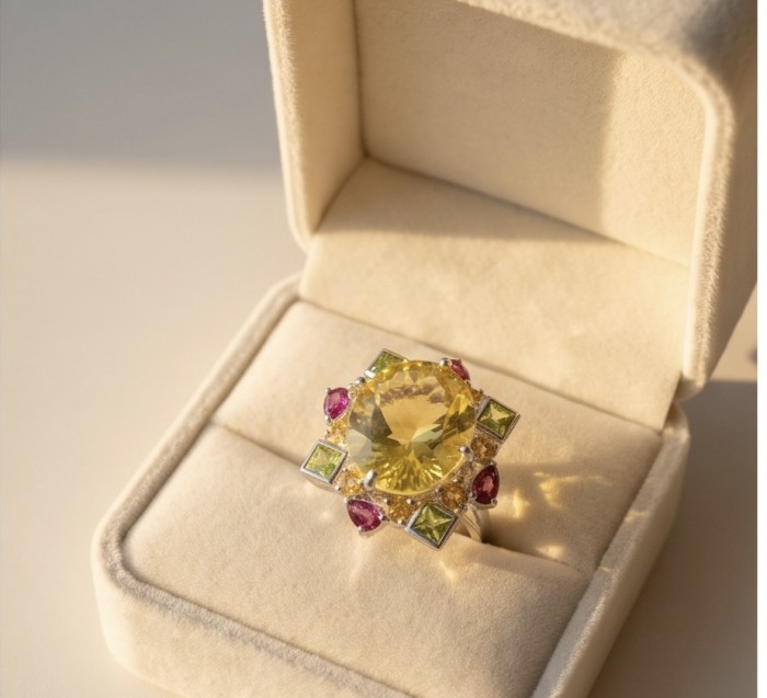 Costa del Sol 22.8 carat Genuine Lemon Quartz rhodium over .925 Sterling Silver handcrafted ring size 8 - Lemon quartz ring in box, showcasing stone and colorful accents, top view.