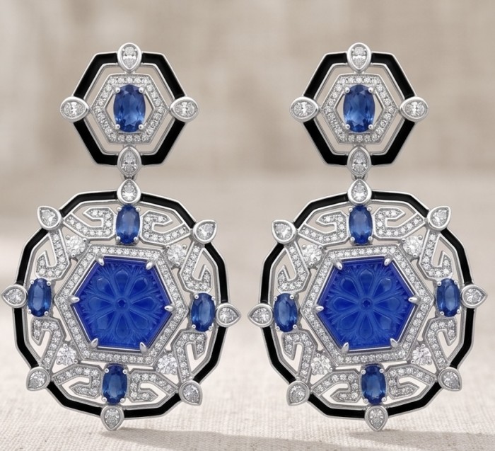 Art Deco - Pacifica - 38.4 carat Sapphire Enamel .925 Sterling Silver handmade Statement Earrings - Art Deco Sapphire Earrings front view with blue stones and silver detailing.