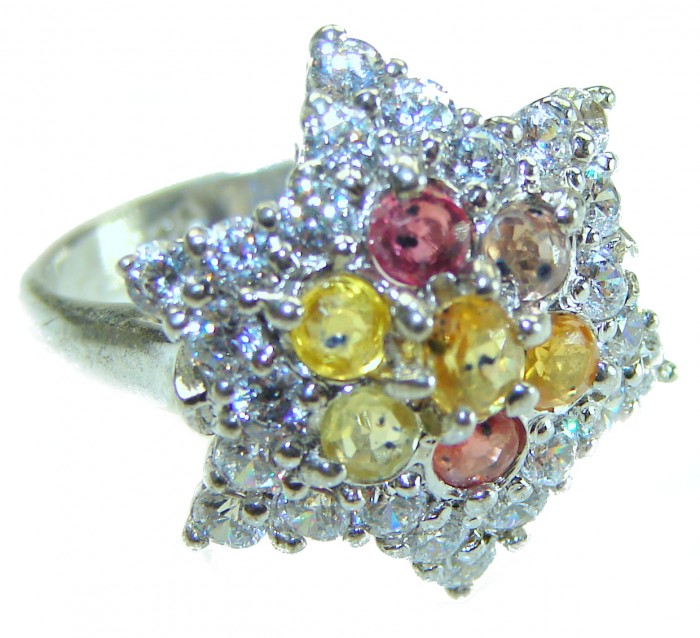 Summer Dream 8.5 multicolor Sapphire .925 Sterling Silver handcrafted ring size 6 1/4 - Star-shaped ring with multicolor sapphires, side view close-up.