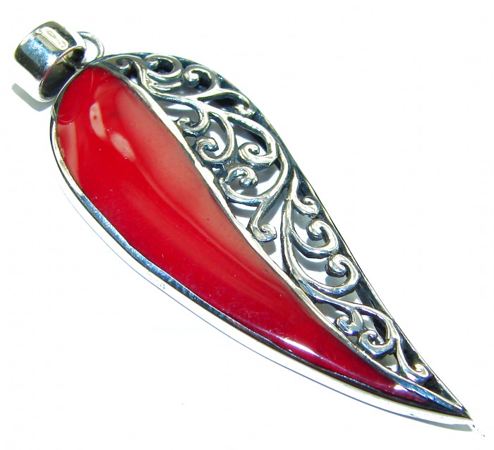 Real Coral .925 Sterling Silver Pendant - Sterling silver coral pendant, side view with intricate filigree design