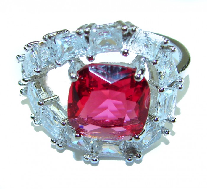 Royalty 37.5 carat baguette cut Red Garnet .925 Sterling Silver handcrafted ring; s. 8 3/4 - Close-up of Royalty 37.5 carat red garnet ring with baguette accents.