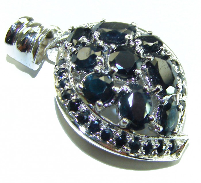 Fancy Blue Authentic 8.5 carat Sapphire .925 Sterling Silver handmade pendant - Close-up of blue sapphire pendant with sterling silver setting