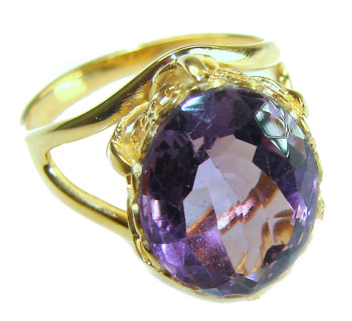 7.2 carat Amethyst 14K Gold over .925 Sterling Silver Handcrafted Ring size 7 1/2 - Amethyst ring close-up with gold over sterling silver setting.