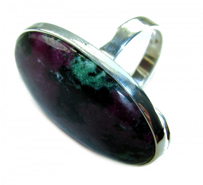 Massive Authentic Ruby in Zoisite .925 Sterling Silver handmade Cocktail Ring s. 8 adjustable - Close-up of a sterling silver ring with ruby in zoisite stone.