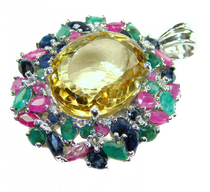 Tiffany - Vintage Design Genuine 14.5 carat precious Citrine .925 Sterling Silver handmade Pendant - Close-up of vintage jewelry with central citrine and colorful gemstones.