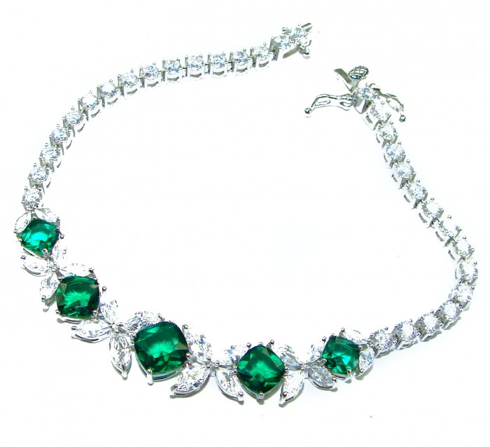 Gabriella 12.2 carat authentic Emerald rhodium over .925 Sterling Silver handcrafted Statement bracelet - Emerald necklace side view with diamond accents, rhodium over .925 silver