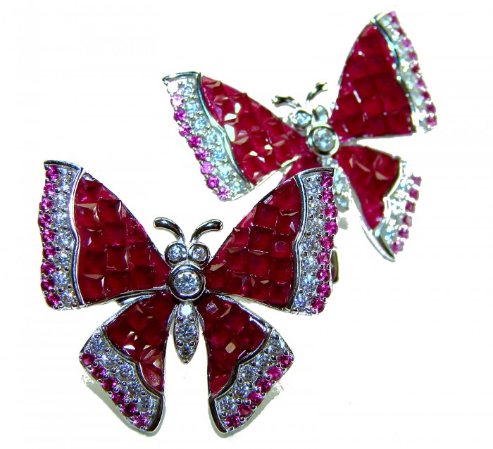 Real Beauty natural 18.2 carat Ruby Butterflies .925 Sterling Silver handcrafted earrings - Butterfly brooches, top view, set with rubies and diamonds.