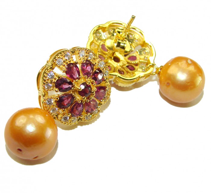 Sublime Golden Pearl Garnet 148K Gold over .925 Sterling Silver handcrafted Earrings - Golden pearl garnet earrings, front and side view, gold over silver.