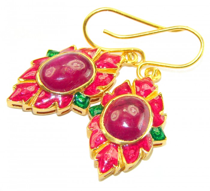 Countless Blessings Genuine 7.5 carat Authentic Ruby enamel 18K Gold over .925 Sterling Silver handcrafted earrings - Close-up of Countless Blessings Ruby earrings with enamel detail.