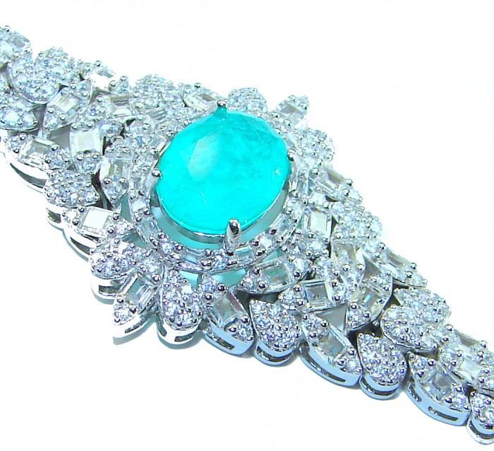 Gabriella 10.2 carat authentic Emerald rhodium over .925 Sterling Silver handcrafted Statement bracelet - Close-up of emerald and diamond bracelet in rhodium over sterling silver