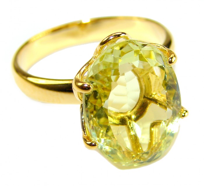 Solid 10.8 carat Genuine Lemon Quartz 18K Gold over .925 Sterling Silver handcrafted ring size 8 3/4 - Close-up of 10.8 carat lemon quartz ring in 18K gold over sterling silver