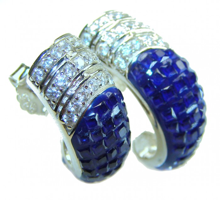 Born to Glam authentic 10.5 carat Sapphire .925 Sterling Silver handcrafted earrings - Close-up of "Born to Glam" sapphire and diamond earrings.