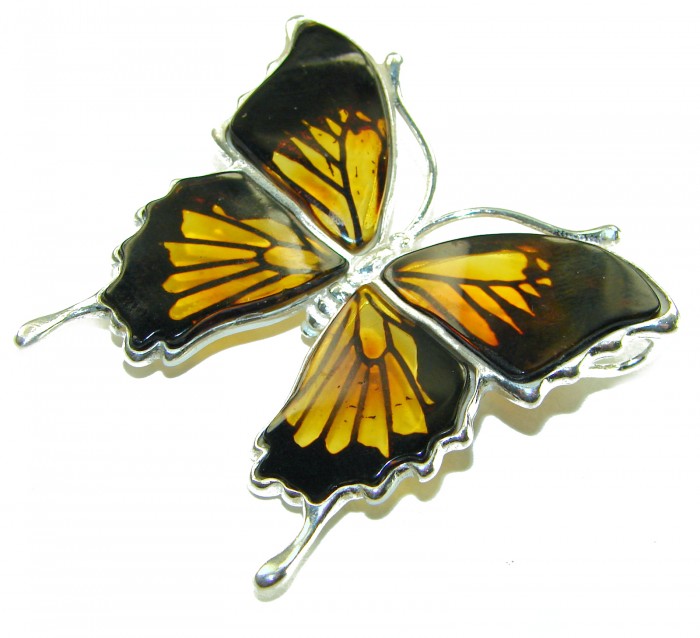 Large Golden Butterfly carved Baltic Polish Amber .925 Sterling Silver handcrafted Pendant / Brooch - Top view of large golden butterfly amber brooch in sterling silver.