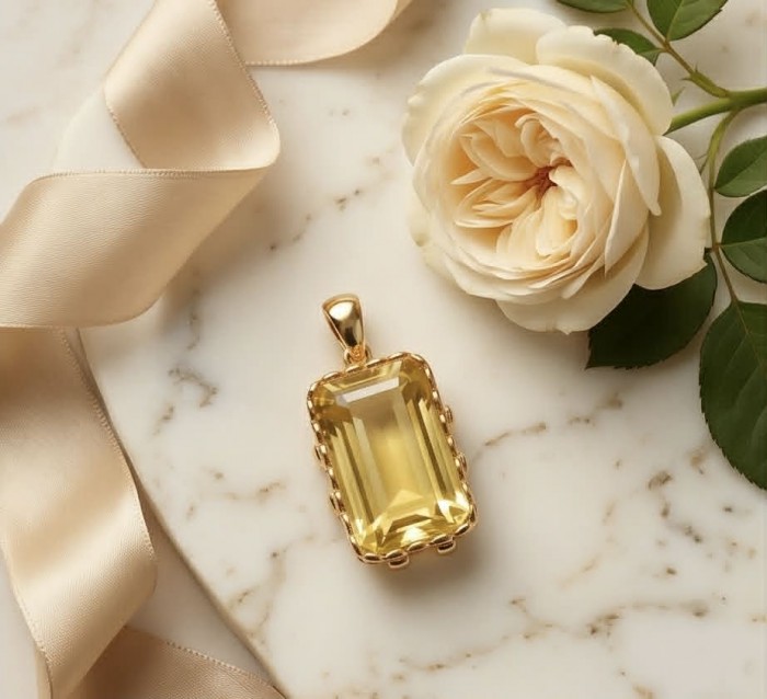 Emerald cut 10.3 carat Lemon Quartz 18K Gold over .925 Sterling Silver handcrafted pendant - Emerald cut Lemon Quartz pendant with rose and ribbon on marble surface