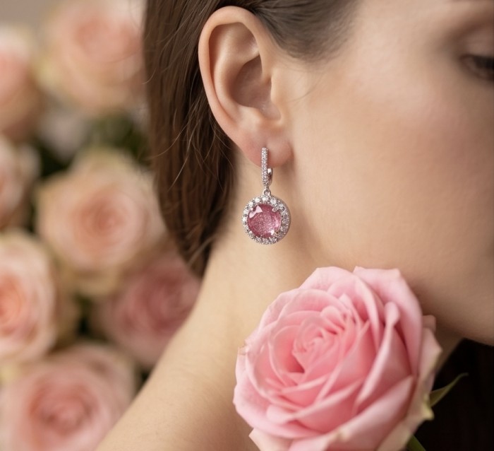 Emily 6.5 carat Brazilian Watermelon Tourmaline .925 Sterling Silver Handcrafted Earrings - Woman wearing pink gemstone earring, side view with roses