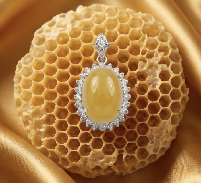 Golden Beauty 14.8 carat Brazilian yellow Tourmaline .925 Sterling Silver handmade Pendant - Yellow tourmaline pendant on honeycomb, close-up view.