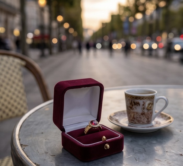 Leonor - Incredible 3.8 carat Mozambique Garnet .925 Sterling Silver dipped in 18K Gold brilliantly handcrafted Statement Ring size 7 - Garnet ring in box on table with coffee, city street in background.