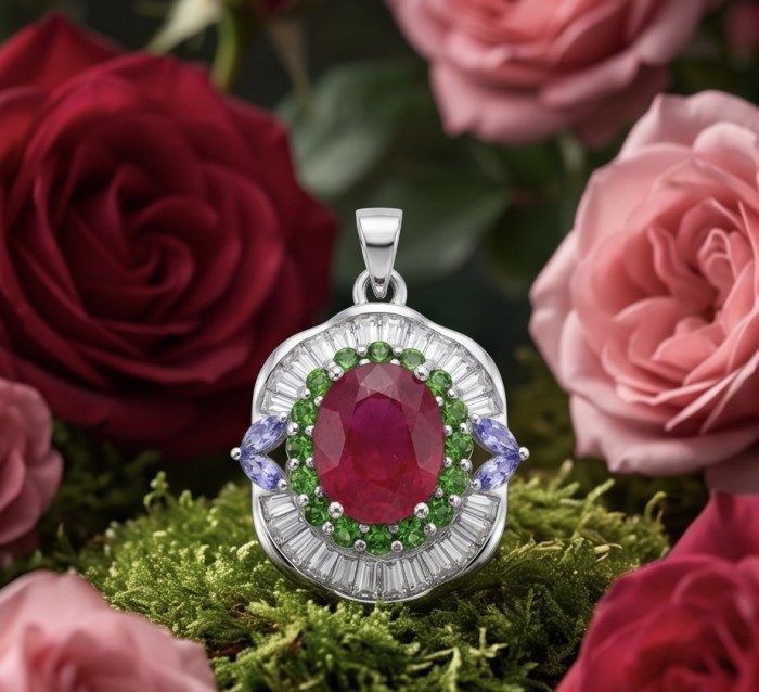 Rose Garden 8.2 carat authentic Mozambique Ruby .925 Sterling Silver handmade Pendant - Close-up of Rose Garden pendant with Mozambique ruby and gemstones