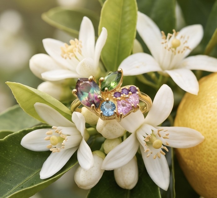 Juicy Gems 5.8 carat Multigem 18K Gold over .925 Sterling Silver Handcrafted Ring size 8 - Multigem ring on citrus flowers, top view, 5.8 carat 18K gold over silver