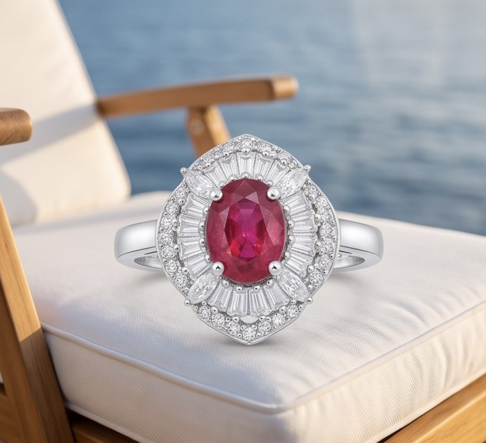 Scarlett 4.7 ctw Mozambique Ruby .925 Sterling Silver handcrafted Statement Ring size 7 1/2 - Ruby ring close-up on chair with ocean background
