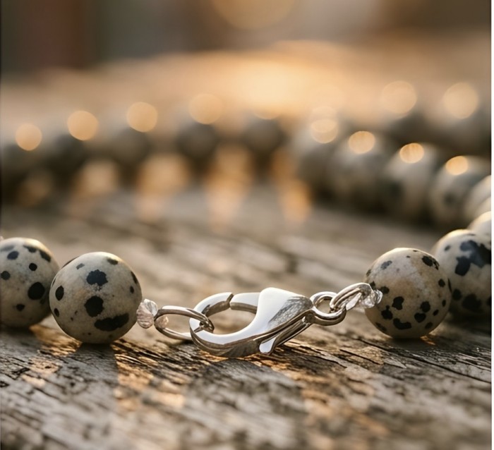 Nature Inspired genuine Dalmatian Jasper .925 Sterling Silver handmade necklace - Clasp detail of Dalmatian Jasper necklace with sterling silver clasp