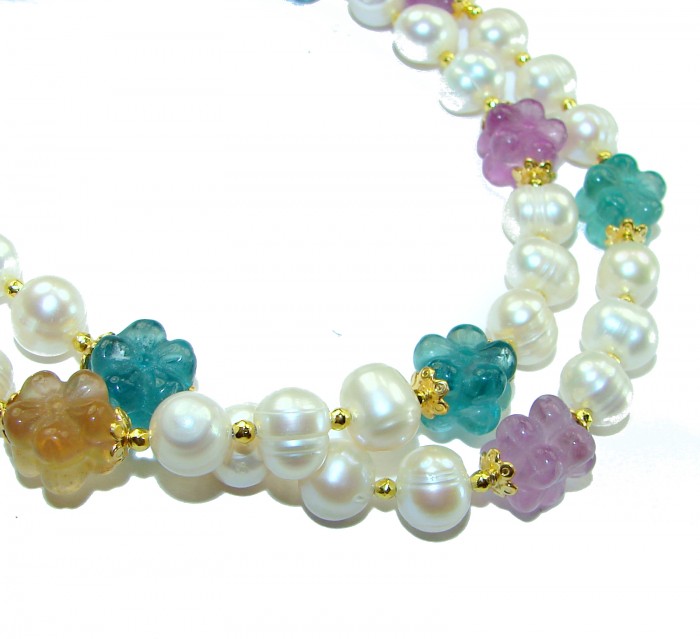Genuine carved Fluorite Mother of Pearl 14K Gold over .925 Sterling Silver handcrafted Necklace - photo 2