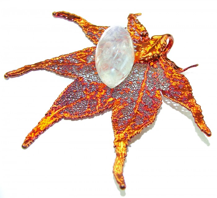 LARGE Stylish REAL Leaf Coved with Sterling Silver and 14K Gold Moonstone & .925 Sterling Silver Pendant - photo 2