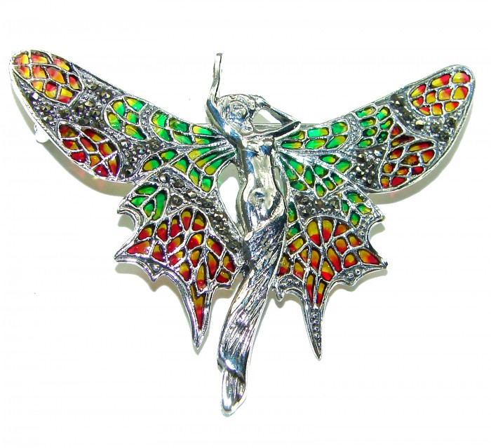 Natural Enamel Eagle .925 Sterling Silver Brooch Pendant - photo 2
