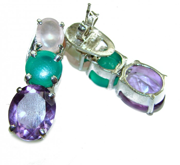 Lavender Beauty authentic 10.2 carat Amethyst .925 Sterling Silver handcrafted earrings - Earrings with amethyst, green, and pink stones, showing clasp detail.