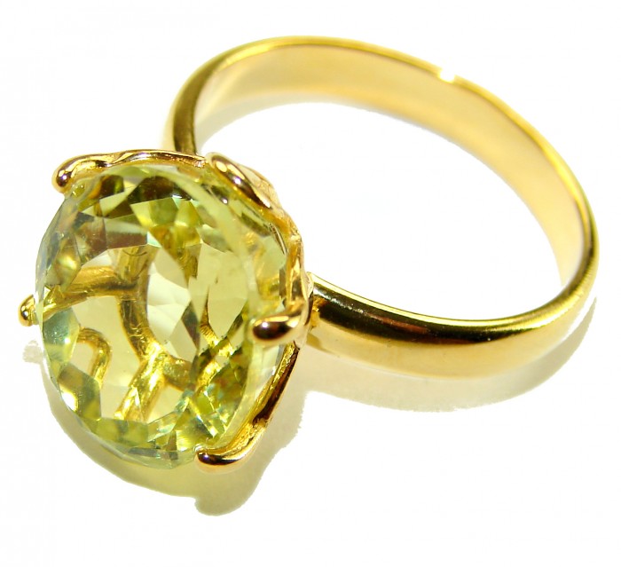 Solid 14.8 carat Genuine Lemon Quartz 14K Gold over .925 Sterling Silver handcrafted ring size 7 - Close-up of 14.8 carat lemon quartz ring in gold setting.