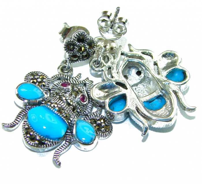 Blue Bees inlay Turquoise Ruby Marcasite .925 Sterling Silver Handcrafted earrings - Close-up of blue bee earrings with turquoise, ruby, and marcasite stones.