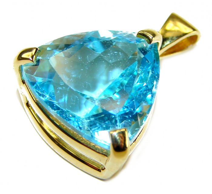 Atlantica TRILLION cut 12.9 carat Swiss Blue Topaz 18K Gold over .925 Sterling Silver Handcrafted Pendant - Blue topaz pendant in 18K gold, close-up of trillion-cut stone.