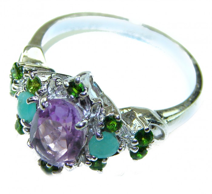 4.8 carat Purple Amethyst .925 Sterling Silver Handcrafted Ring size 8 - Close-up of purple amethyst and green stones sterling silver ring.