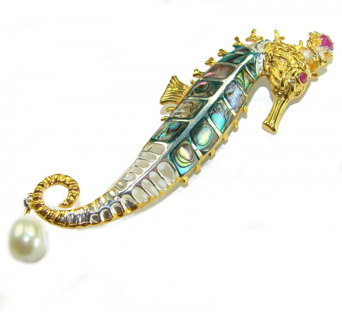 Precious SeaHorse Natural Rainbow Abalone Ruby 14K Gold over .925 Sterling Silver handmade Pendant Brooch - Side view of seahorse brooch with rainbow abalone and ruby, 14K gold.