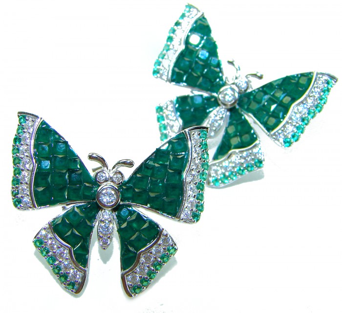 Incredible green Butterflies genuine 11.5 CARAT Emerald .925 Sterling Silver handcrafted Earrings - Emerald butterfly brooches, front view with gemstone details