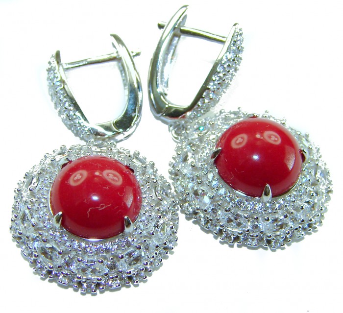 Elizabeth Natural Fossilized Coral .925 Sterling Silver handcrafted earrings - Earrings with red coral stones, front view showing clasp detail.
