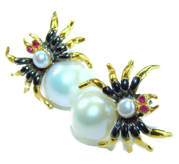 Spider Genuine Pearl 14K Gold rhodium over .925 Sterling Silver handcrafted Statement Earrings - Spider pearl earrings with 14K gold, close-up view.