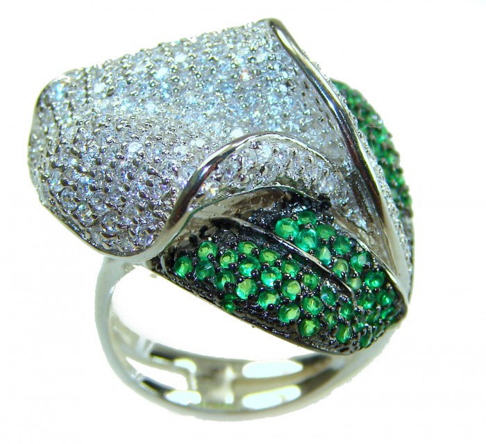 Gabriella 22.2 carat authentic Colombian Emerald .925 Sterling Silver handcrafted Statement Ring size 6 1/4 - Side view of Gabriella ring with emeralds and diamonds, .925 sterling silver.