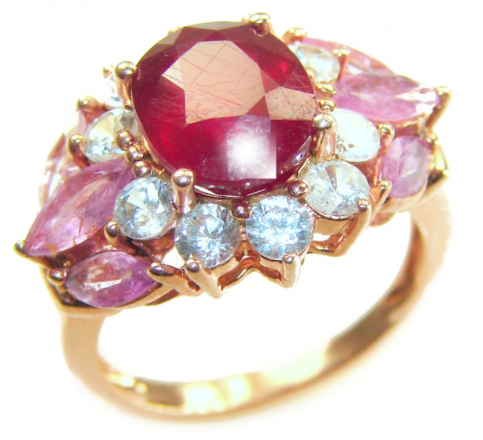 Bella Rosa Genuine 8.8 carat Kasmir Ruby .925 Sterling Silver dipped in 22K Rose Gold Statement Ring size 7 1/2 - Close-up of Bella Rosa 8.8 ct Kashmir Ruby ring with pink and blue stones.