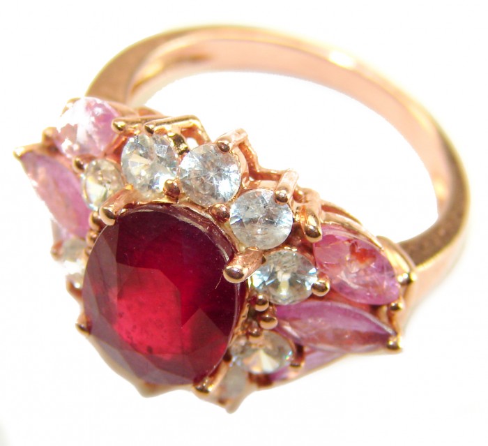 Bella Rosa Genuine 8.8 carat Kasmir Ruby .925 Sterling Silver dipped in 22K Rose Gold Statement Ring size 7 1/2 - Close-up of Bella Rosa 8.8 carat Kashmir Ruby ring with side gemstones.