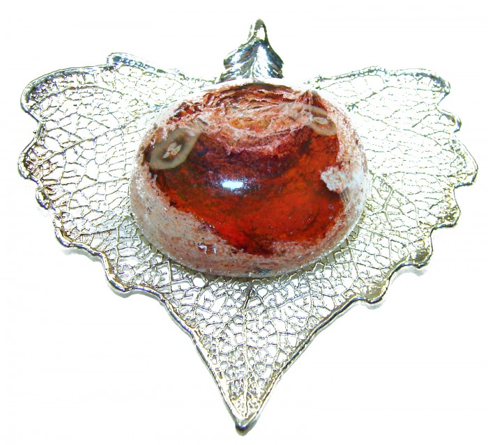 Rain Drop REAL Leaf dipped in Sterling Silver and 25.5 carat Mexican Opal & .925 Sterling Silver Pendant - Silver-dipped leaf pendant with red stone, top view.