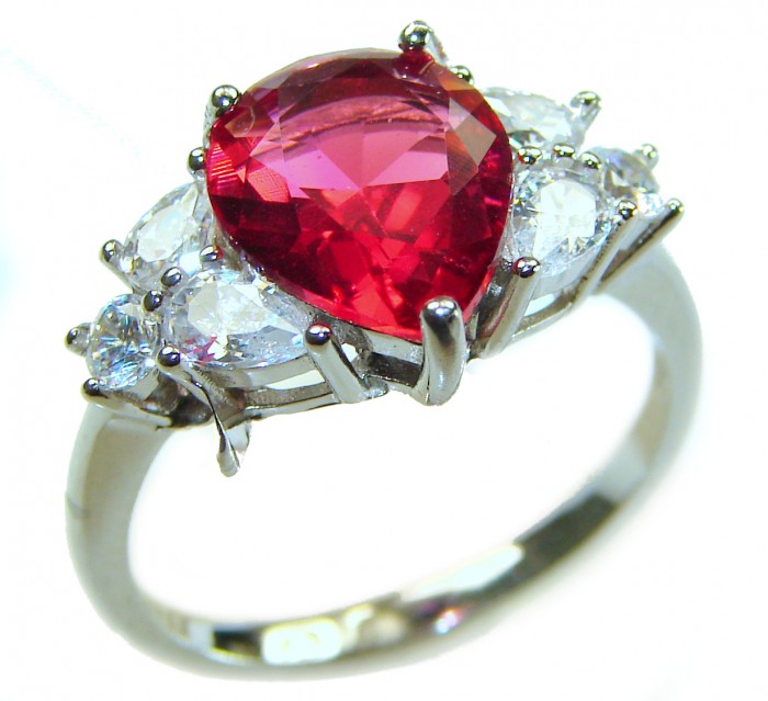 Giovanna - Magnificent Jewel 7.5 carat Ruby .925 Sterling Silver handcrafted incredible ring s. 8 - Close-up of pear-cut ruby and diamond ring in sterling silver setting