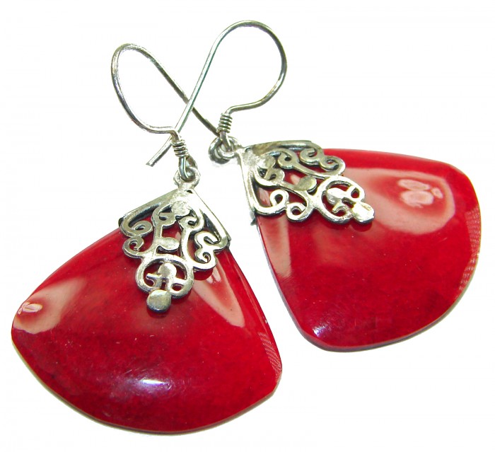Elizabeth Natural Fossilized Coral .925 Sterling Silver handcrafted earrings - Red fossilized coral earrings with silver detail, front view.